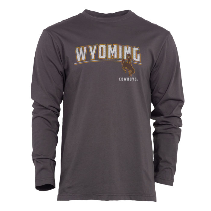 washed black long sleeved tee. Word Wyoming printed on front in white with gold outline. Small brown bucking horse and word Cowboys printed below
