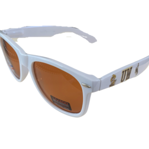 side view of retro, square framed sunglasses with white body, and gold lenses. small Pistol Pete and UW printed on both sides of body