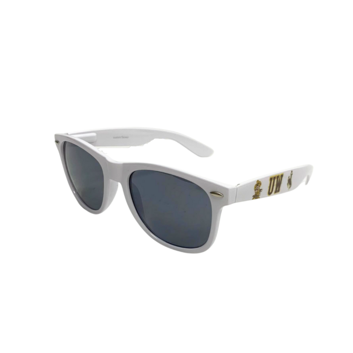 side view of retro, square framed sunglasses with white body, and black lenses. small Pistol Pete and UW printed on both sides of body