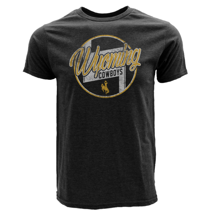 heather black, short sleeved tee. Circular design on front with words Wyoming Cowboys and bucking horse in white and gold. Design is distressed
