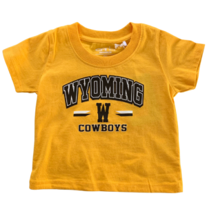 gold, infant short sleeved tee. Words Wyoming Cowboys and block W printed in black with white outline on front
