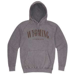 women's dark grey hooded sweatshirt. Words Wyoming Cowboys printed on front in brown