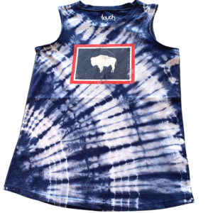 women's blue and white tie dyed tank top. Wyoming state flag printed on the front.