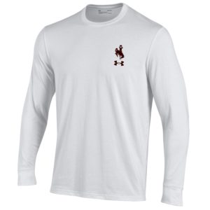 front view of Under Armour brand white, long sleeved tee. Bucking horse with Under Armour logo below printed in brown on left chest