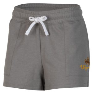 women's grey shorts. cotton material, with small brown bucking horse and word Wyoming printed in gold on left pocket