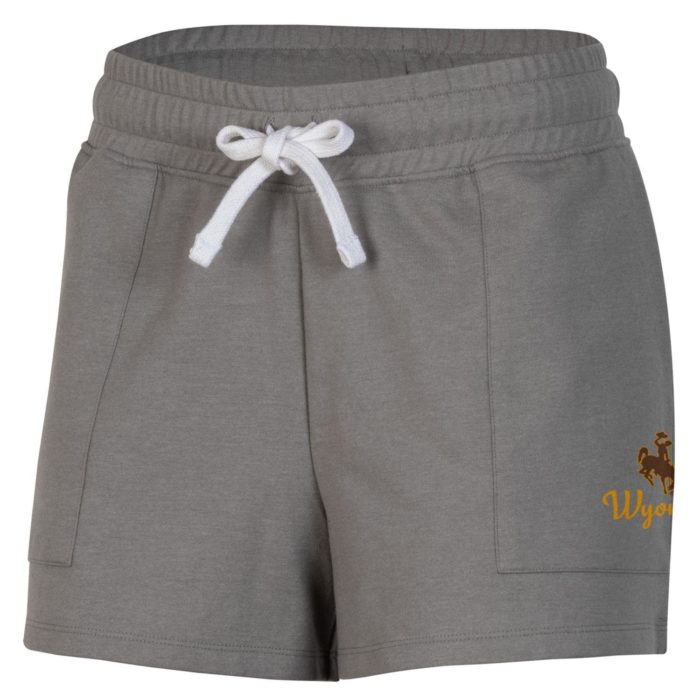 women's grey shorts. cotton material, with small brown bucking horse and word Wyoming printed in gold on left pocket