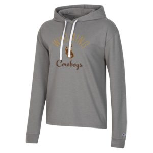 women's grey, hooded sweatshirt. Word Wyoming printed in gold arced on top, with word Cowboys printed in brown script on bottom. bucking horse in the middle