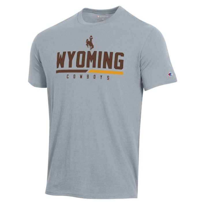grey, short sleeved tee. Word Wyoming appliqued on the front in brown. brown and gold line below with word Cowboys printed smaller in brown below the line