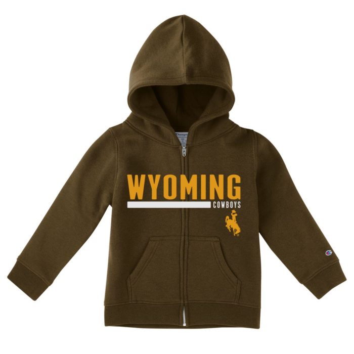 brown, infant full zip hooded sweatshirt. Word Wyoming printed large in gold across the front, with word Cowboys smaller and bucking horse printed below