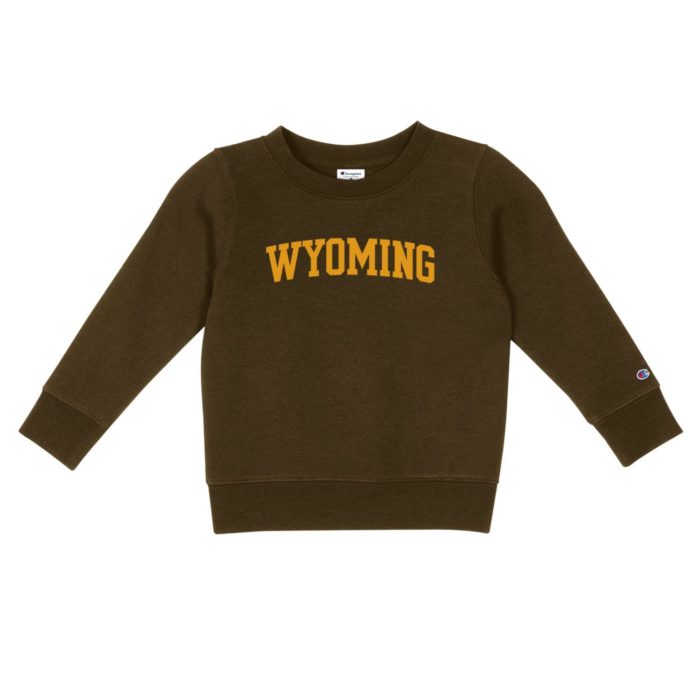 brown, infant crew neck sweatshirt. Word Wyoming printed in block print in gold on the front