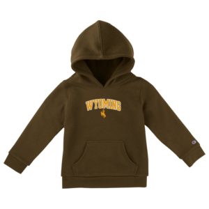 toddler, brown hooded sweatshirt. Word Wyoming arced with bucking horse below. Both printed in gold with white outline.