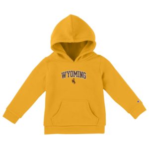 toddler, gold hooded sweatshirt. Word Wyoming arced with bucking horse below. Both printed in brown with white outline
