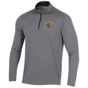 grey 1/4 zip jacket. Word Wyoming with bucking horse below printed in brown and gold, small on left chest