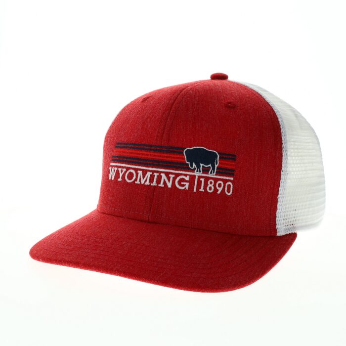 structured, mid profile, snapback hat. Red body with white mesh back. Embroidered word Wyoming, 1860, and buffalo on front in red and white