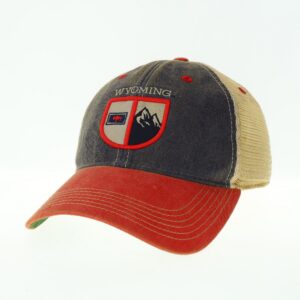 unstructured, adjustable hat. red washed bill, navy washed front of body, and tan mesh back. fabric patch on front with Wyoming state flag and mountains