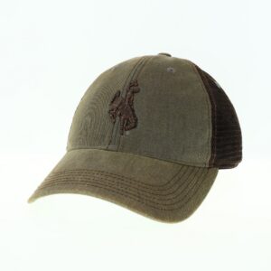unstructured, adjustable hat. dirty washed grey body, black mesh back. distressed, raised foam bucking horse in brown on front of hat