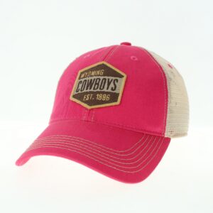 unstructured, adjustable hat. pink washed body, with tan mesh back. fabric patch on front of hat with slogan Wyoming Cowboys East 1886 in brown and gold