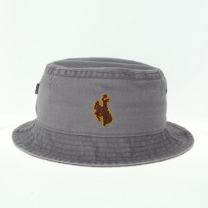 washed twill bucket hat, grey color. brown bucking horse with gold outline embroidered on front of hat
