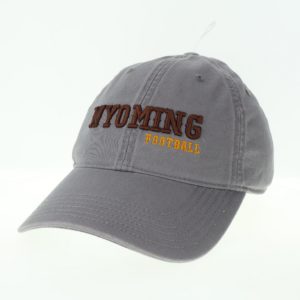 dark grey garment washed, adjustable hat. Word Wyoming embroidered in brown on front, with word Football embroidered in gold below