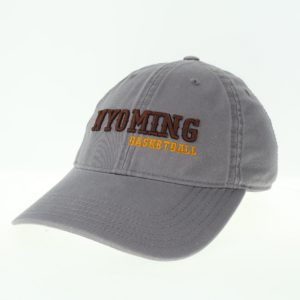 dark grey garment washed, adjustable hat. Word Wyoming embroidered in brown on front, with word basketball embroidered in gold below