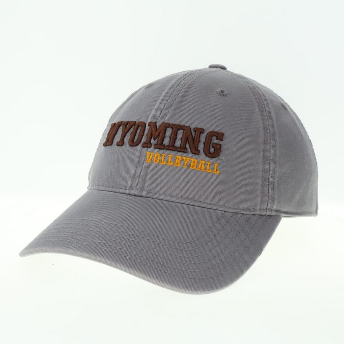 dark grey garment washed, adjustable hat. Word Wyoming embroidered in brown on front, with word volleyball embroidered in gold below