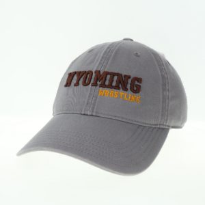 dark grey garment washed, adjustable hat. Word Wyoming embroidered in brown on front, with word Wrestling embroidered in gold below