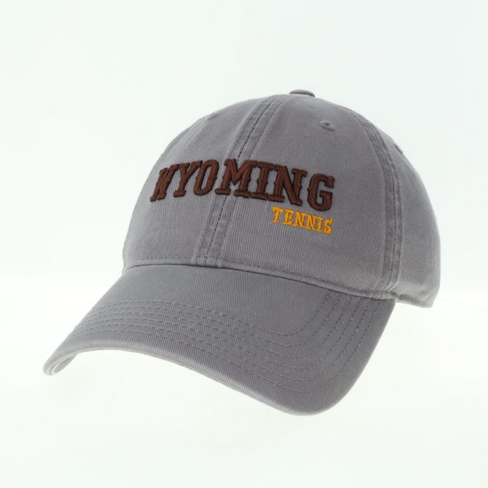 dark grey garment washed, adjustable hat. Word Wyoming embroidered in brown on front, with word Tennis embroidered in gold below