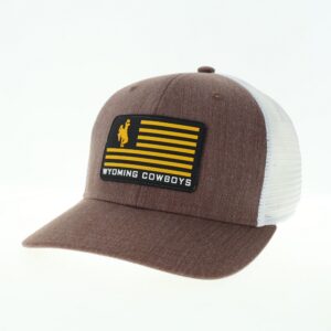 structured, mid profile, snapback hat. Brown body with white mesh back. Rubber brown and gold American flag patch with bucking horse on front of hat