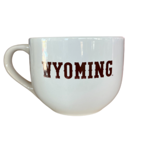 white mug with word Wyoming printed on one side in brown