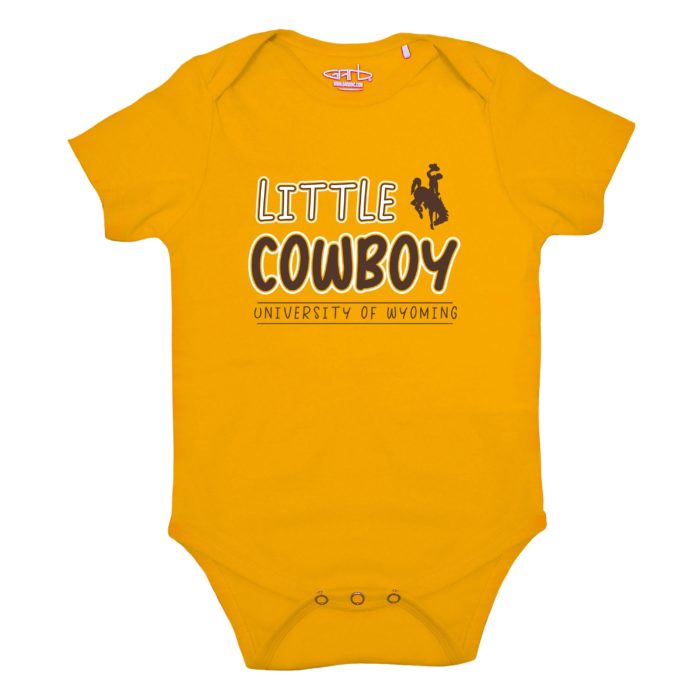 short sleeved, infant onesie in gold. Slogan Little Cowboy and University of Wyoming printed on front in brown and white