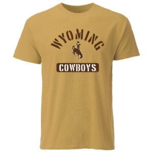 men's, gold short sleeved tee. Word Wyoming Cowboys printed in brown with bucking horse in the middle
