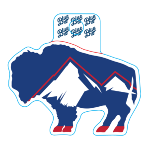 buffalo shaped decal with blue, red, and white mountains printed inside