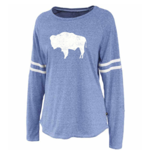 women's, blue long sleeve tee. two white stripes around the middle of each sleeve. White buffalo printed on the front