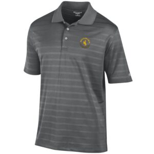 dark grey, striped polo shirt. small circular design printed on left chest with bucking horse and slogan Wyoming Cowboys printed in brown and gold