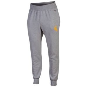 grey men's jogger style sweatpants. small gold bucking horse printed on top of left pant leg