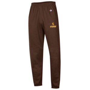 brown, fleece lined jogger style sweatpants. small print of bucking horse with word Wyoming below in gold on top of left pant leg