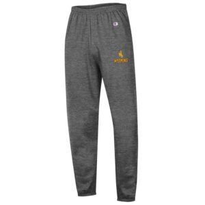dark grey, fleece lined jogger style sweatpants. small print of bucking horse with word Wyoming below in gold on top of left pant leg