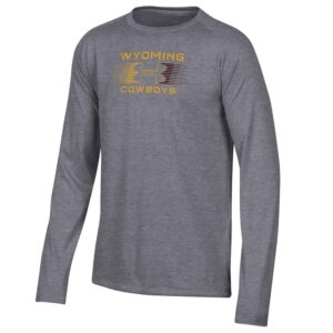 grey, UA brand youth long sleeved tee. slogan Wyoming Cowboys printed in gold, with Under Armour logo in between in brown and gold. design on front center of tee