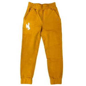 camel colored, women's jogger sweatpants. banded waistband, and bottoms. small white bucking horse printed on right top pocket