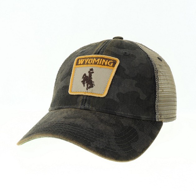 unstructured, adjustable hat. black camouflage body, tan mesh back. fabric Wyoming patch with bucking horse sewn on front of hat