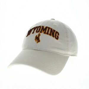 white, adjustable relaxed twill hat. Word Wyoming and bucking horse embroidered in brown with gold outline on front of hat