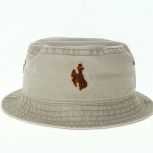 washed twill bucket hat, khaki color. brown bucking horse with gold outline embroidered on front of hat