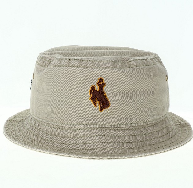 washed twill bucket hat, khaki color. brown bucking horse with gold outline embroidered on front of hat