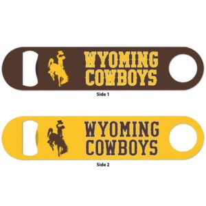 two sided, metal bottle opener. brown on one side, gold on other. both sides have bucking horse and slogan Wyoming Cowboys printed horizontally on opener