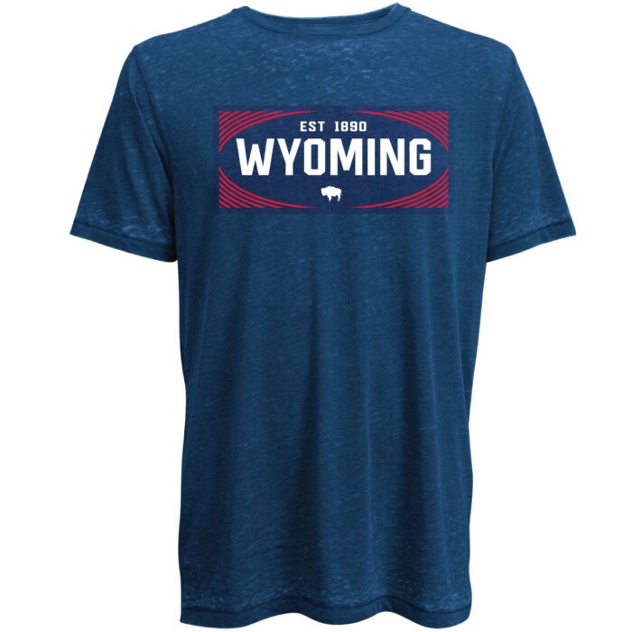 blue short sleeved tee. Design is Wyoming, est. 1886, and buffalo printed on front in white, inside of rectangle that is outlined in red. Design on front center of tee
