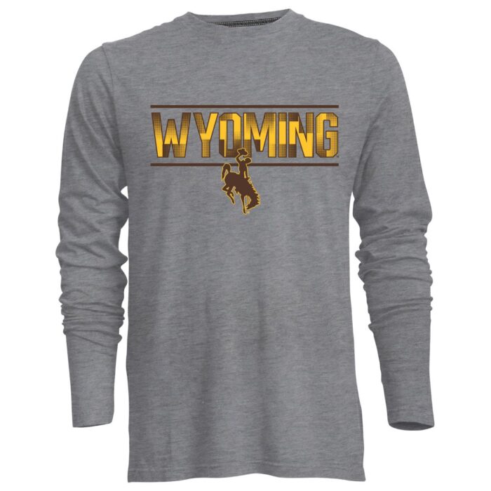 grey long sleeve tee, design is word wyoming in gold and brown print, one thin brown line above and below, brown bucking horse graphic outlined in gold below