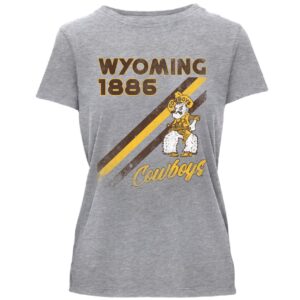 women's grey short sleeved tee with crew neckline. Slogan Wyoming 1886 printed in brown with gold outline. diagonal stripes and Pistol Pete logo printed below slogan