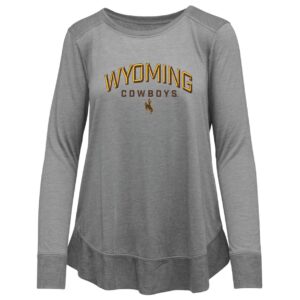 women's grey, long sleeved tee. crew neckline and open bottom hemline. light swing style fit. Slogan Wyoming Cowboys and bucking horse printed on front