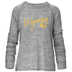 women's heathered grey colored crew neck sweater. word Wyoming printed in gold script on front center. open bottom hemline.