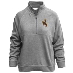 women's extended 1/4 zip fleece jacket, in grey. ribbed collar, small brown bucking horse with gold outline printed in left chest